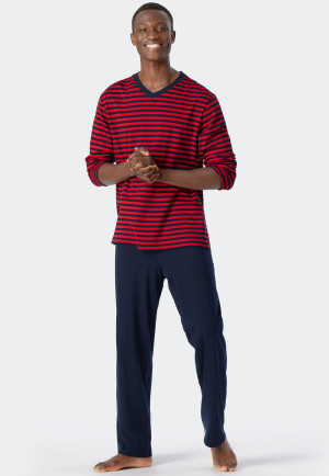 Pyjama long encolure en V rayures rouge - Essentials Nightwear