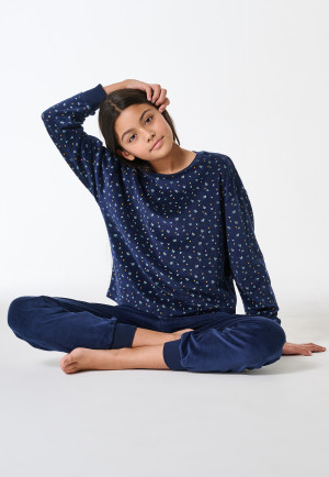 Pyjama long velours poignet Mille Fleur bleu foncé - Teens Nightwear