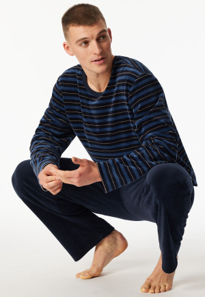 Schlafanzug lang Velour Streifen nachtblau - Casual Nightwear