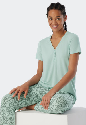 Maglia Henley a maniche corte con bottoniera in tonalità menta- Mix + Relax