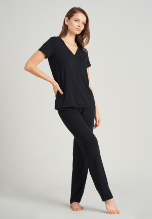 Shirt kurzarm Henley Knopfleiste schwarz - Mix+Relax