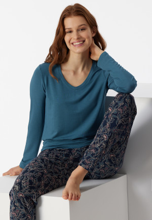 Shirt langarm Modal V-Ausschnitt petrol - Mix+Relax
