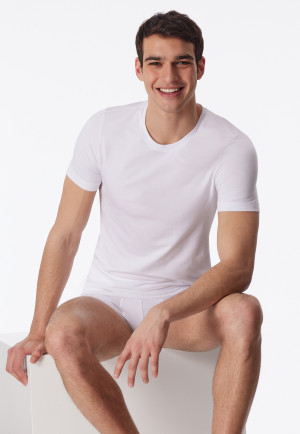 T-shirt à manches courtes blanc en jersey élastiqué à col rond - Long Life Soft