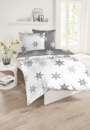 Parure de lit réversible, 2 pièces, en fine flanelle, gris clair avec des étoiles - SCHIESSER HOME