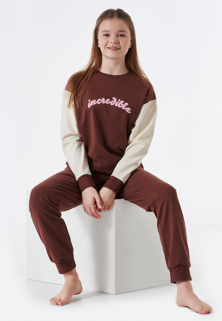 Pigiama lungo in tessuto felpato di cotone biologico con polsini, marrone - Teens Nightwear