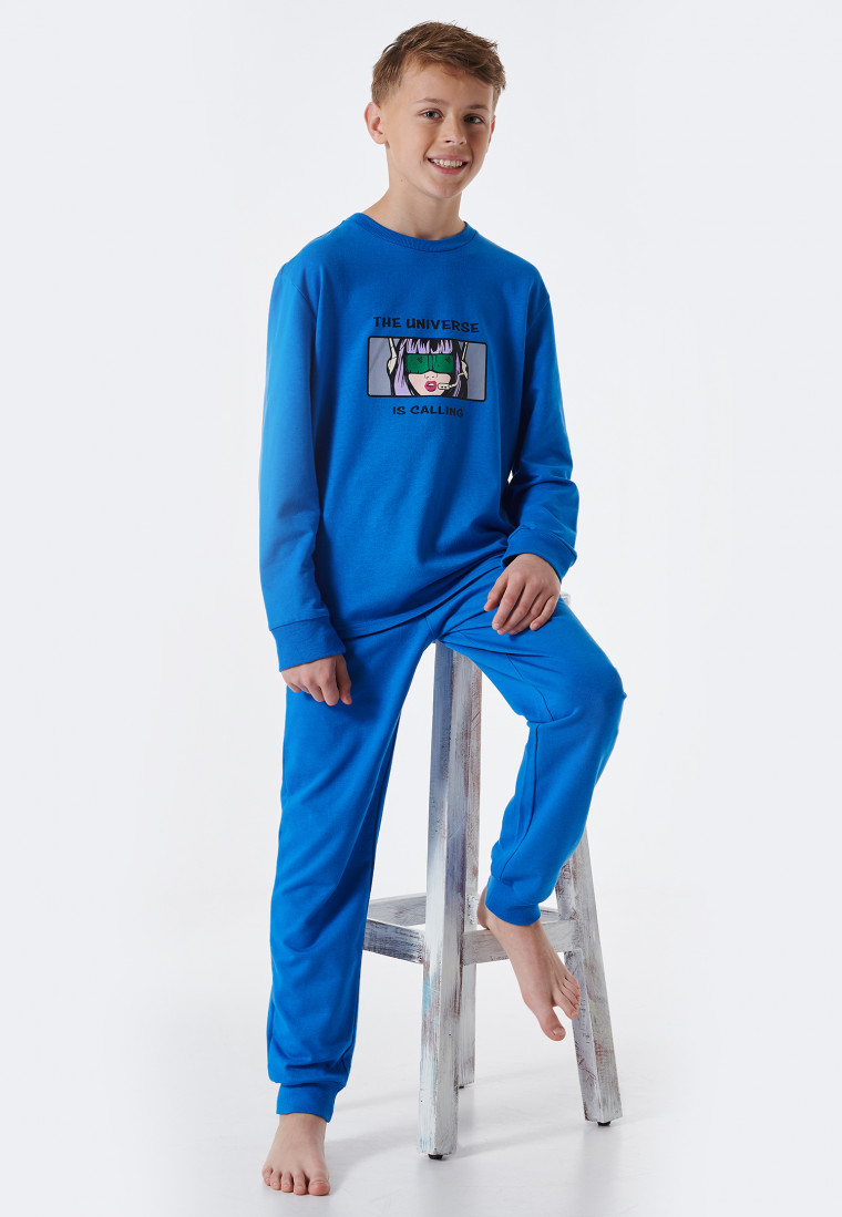 Pigiama lungo in tessuto felpato di cotone biologico con polsini e scritta "Universe", blu - Teens Nightwear