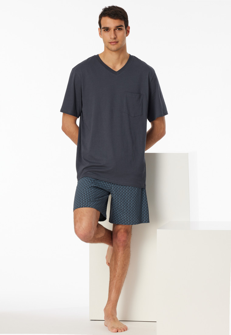 Short pyjamas V-neck chest pocket graphite patterned - Comfort Essentials