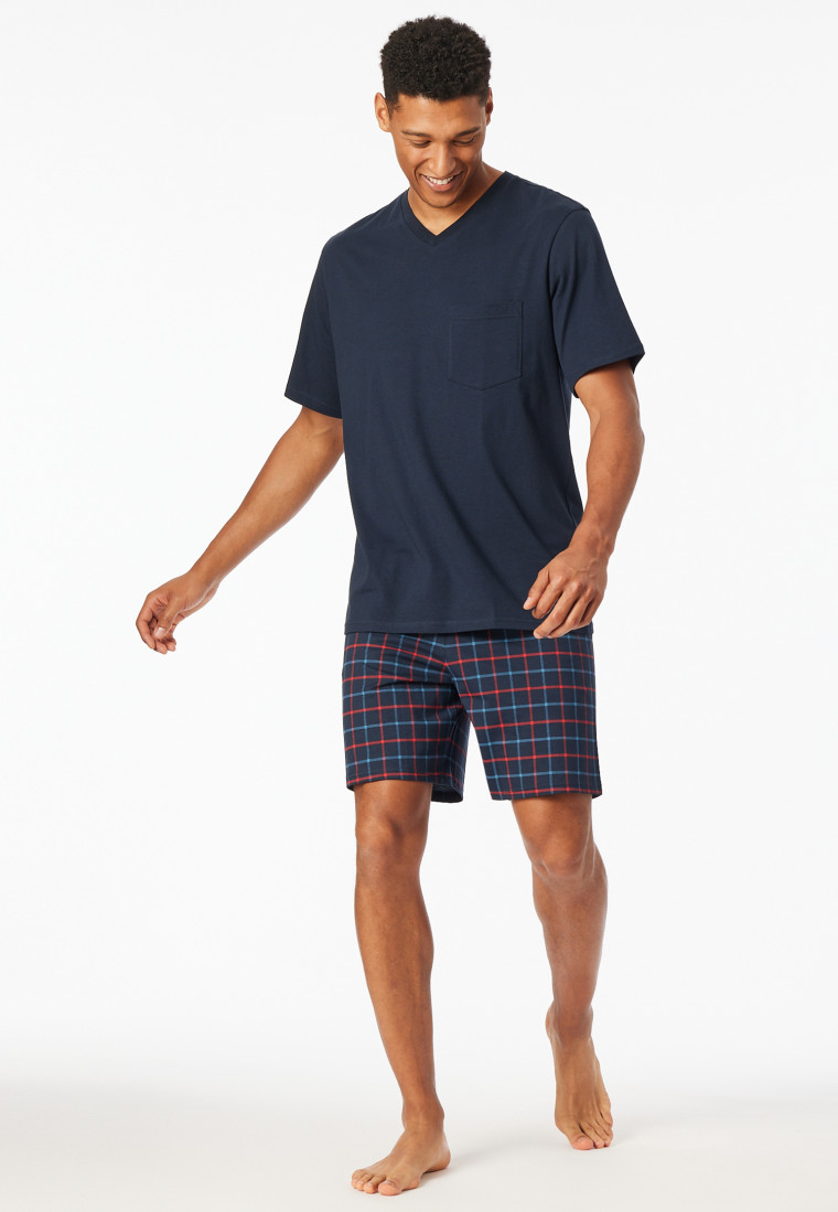 Short pyjamas V-neck chest pocket navy patterned - Comfort Essentials