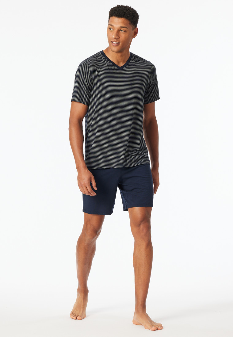Pyjama court en modal encolure en V rayures bleu marine - Long Life Soft