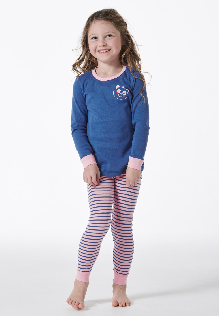 Schlafanzug lang Feinripp Panda Ringel blau - Girls World