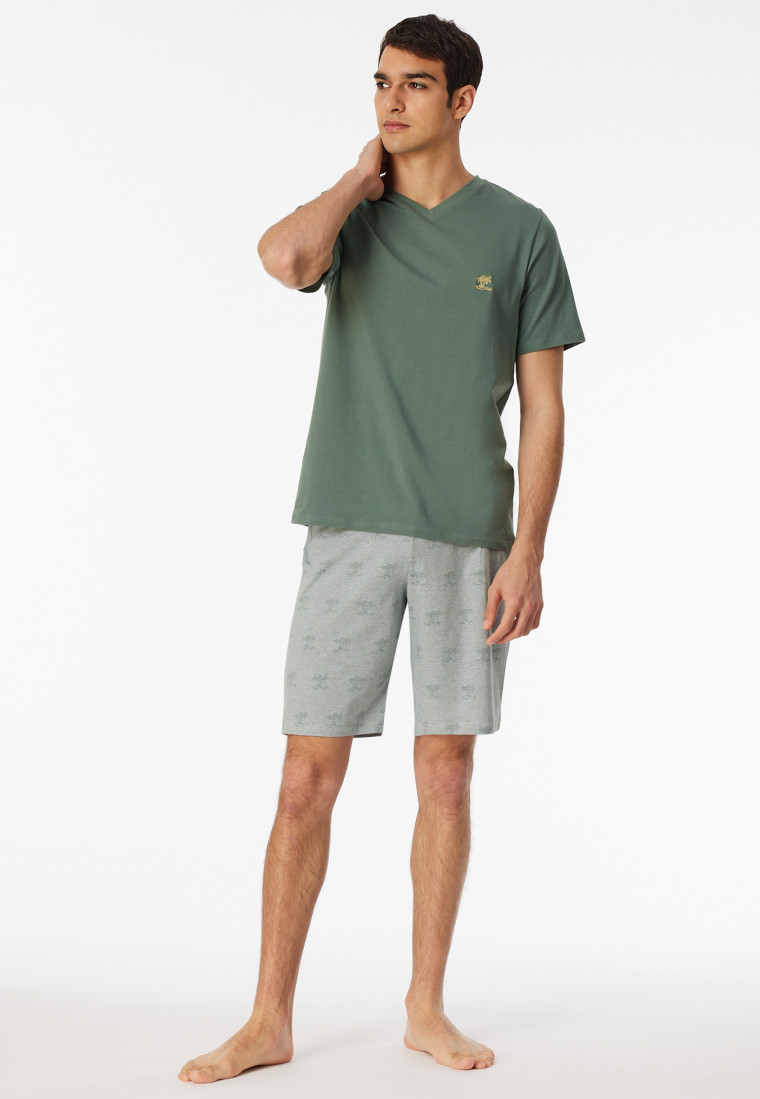 Schlafanzug kurz V-Ausschnitt Palmen khaki - 95/5