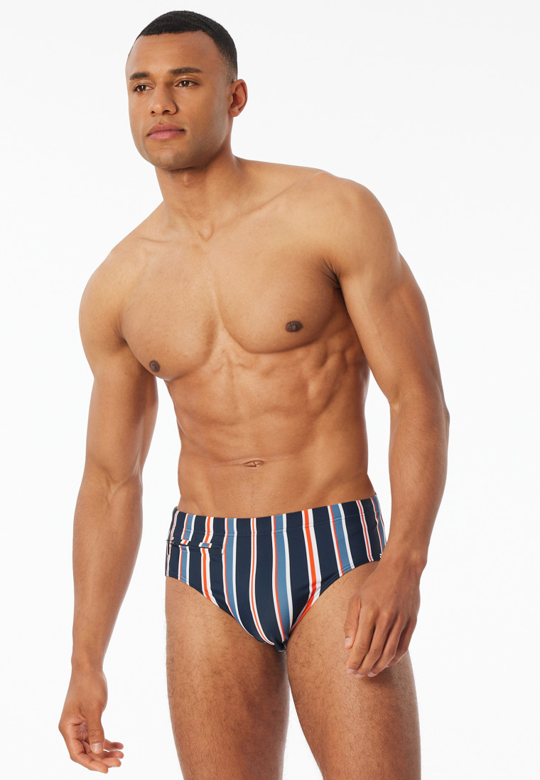 Costume da bagno con tasca con zip in tessuto a maglia a strisce riciclate blu notte - Aqua