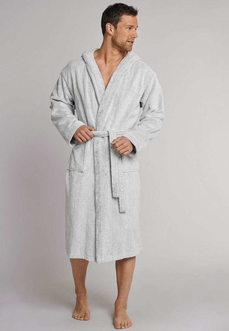 Peignoir de bain gris clair en tissu éponge avec capuche à rayures - selected! premium