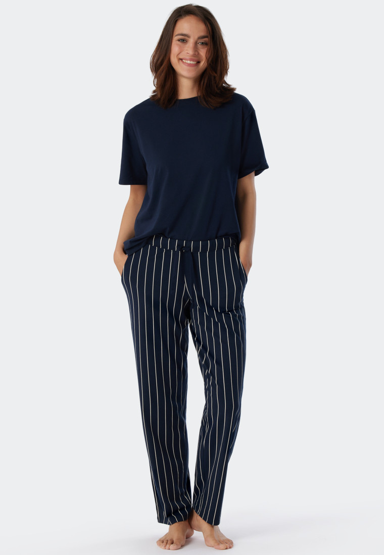 Lounge pants long jersey stripes dark blue patterned - Mix+Relax