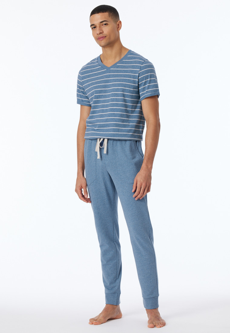 Loungehose lang Organic Cotton Bündchen Streifen blau meliert - Mix+Relax