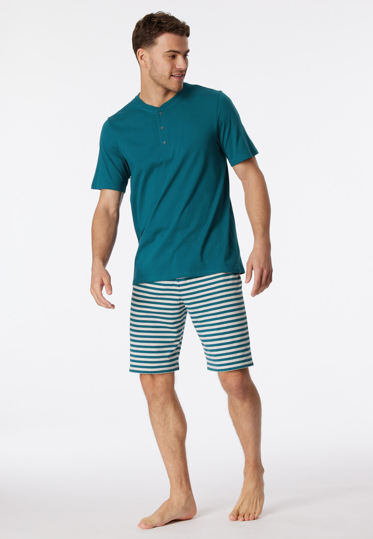 Pyjamas short organic cotton button placket stripes denim blue - Casual Nightwear