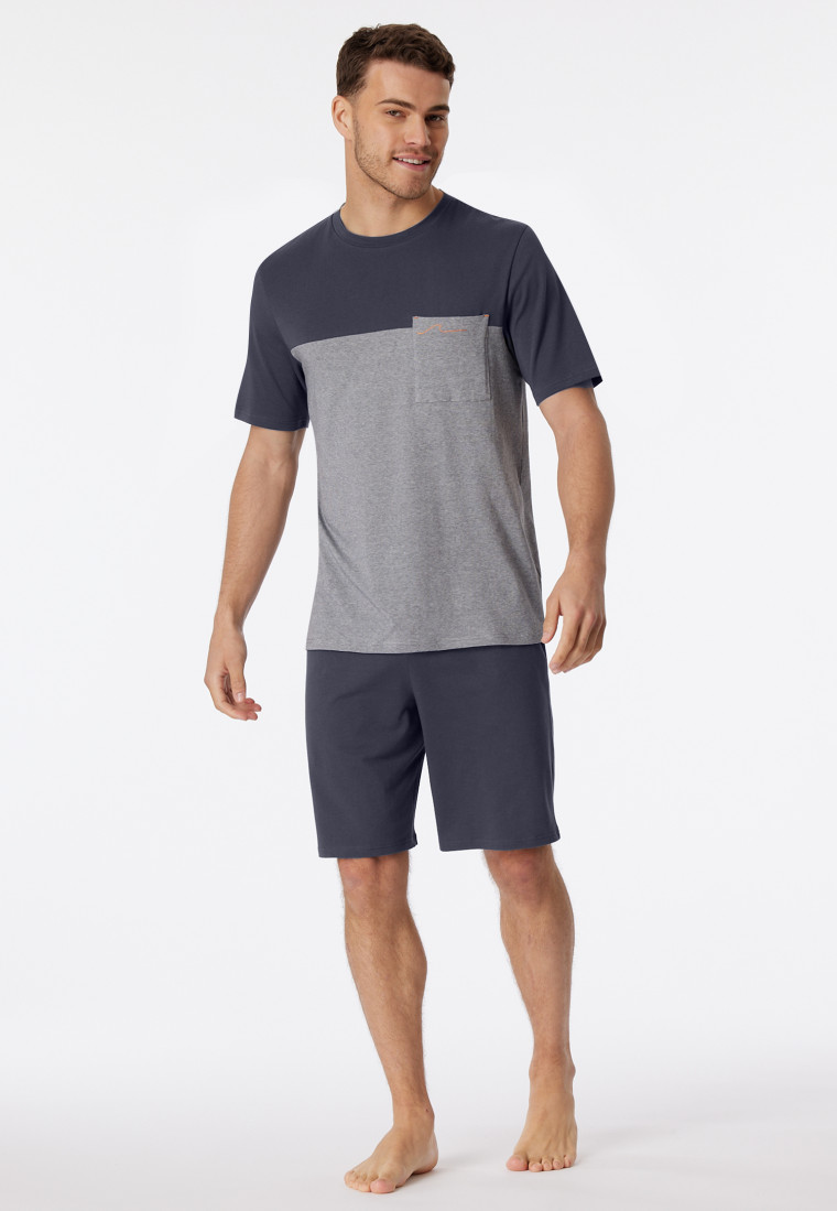 Pyjamas short Organic Cotton stripe chest pocket charcoal - 95/5 Nightwear