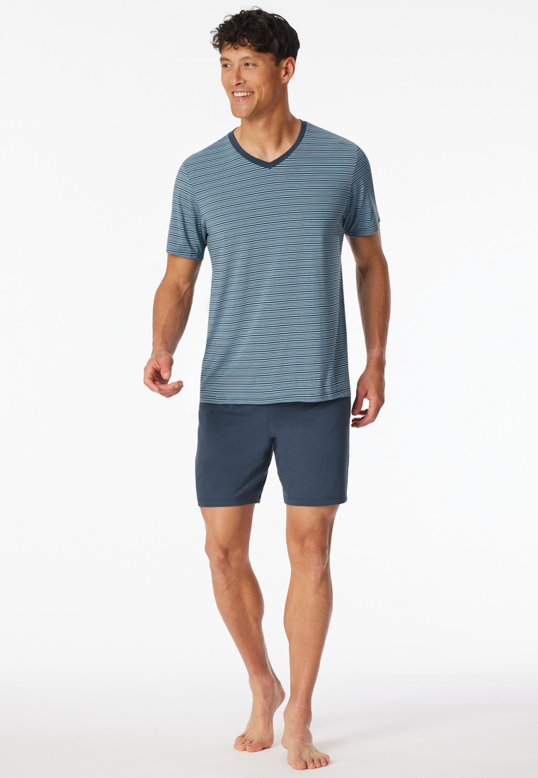 Pigiama breve a righe con scollatura a V blu denim - Long Life Soft