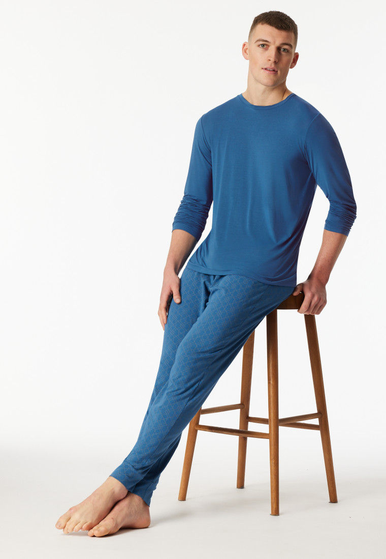 Schlafanzug lang Bündchen blau - Long Life Soft