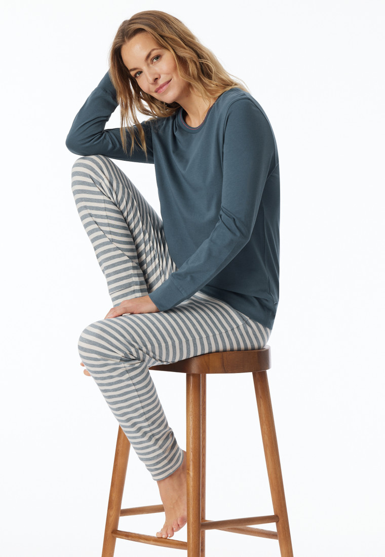Schlafanzug lang Bündchen Ringel jeansblau - Casual Essentials