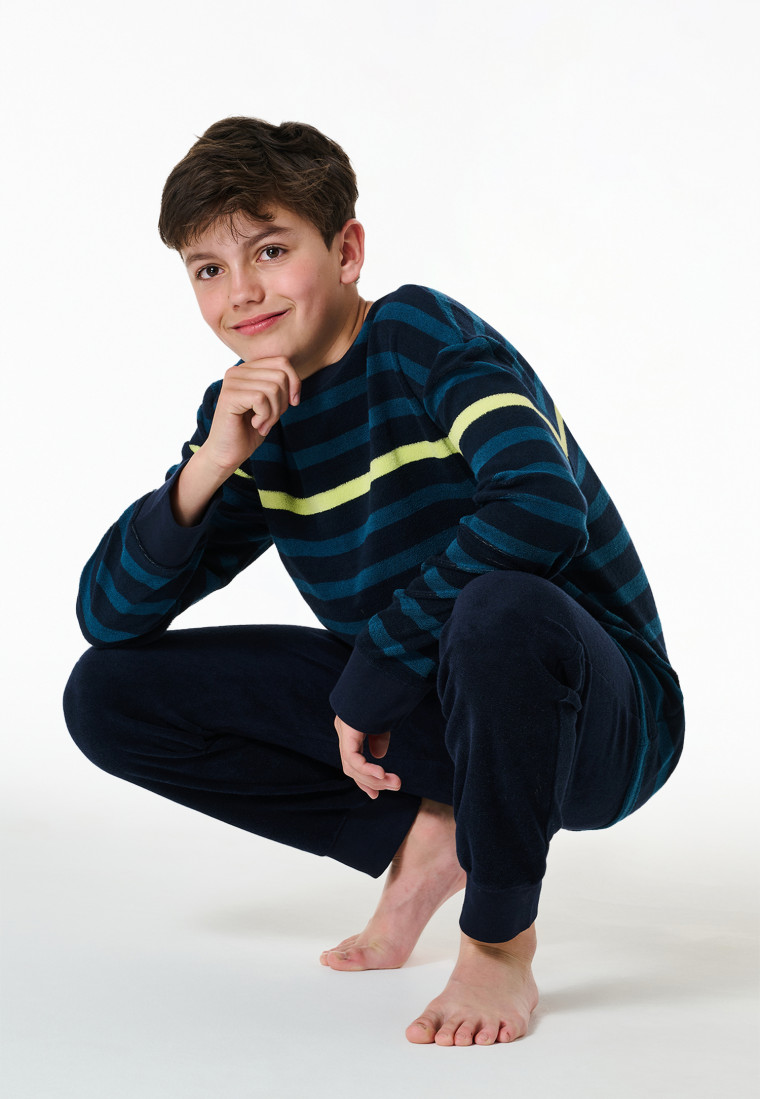 Pigiama lungo in spugna blu notte a righe - Nightwear