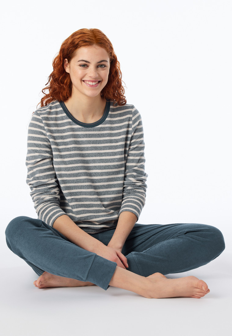 Schlafanzug lang Frottee Bündchen Ringel jeansblau - Casual Essentials