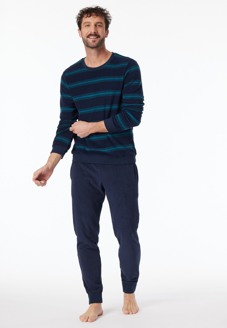 Pajamas long terry towelling cuffs stripes petroleum - Casual Nightwear