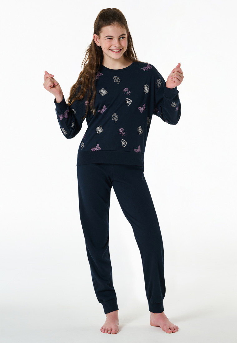 Pigiama lungo interlock con polsini da sogno blu notte - Nightwear