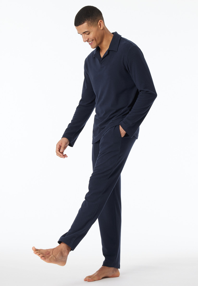 Pyjama long interlock col polo bleu nuit - Selected Premium Warming
