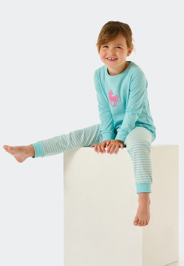 Pyjama long coton bio bords-côtes cheval rayures turquoise - Nightwear