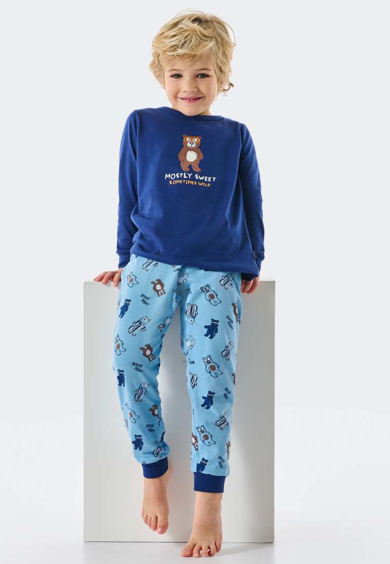 Pajamas long organic cotton cuffs teddy lettering blue - Natural Love