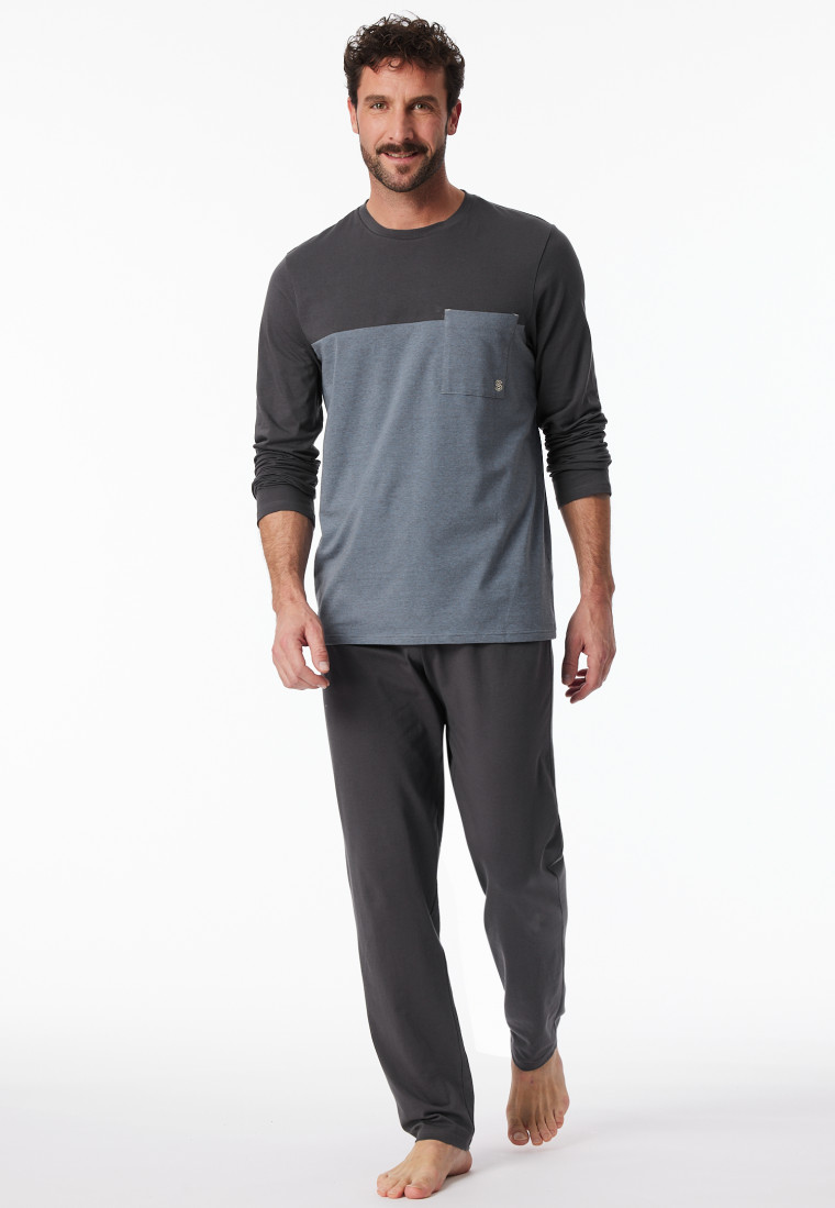 Pyjama long Coton Organic rayures poitrine anthracite - 95/5 Nightwear