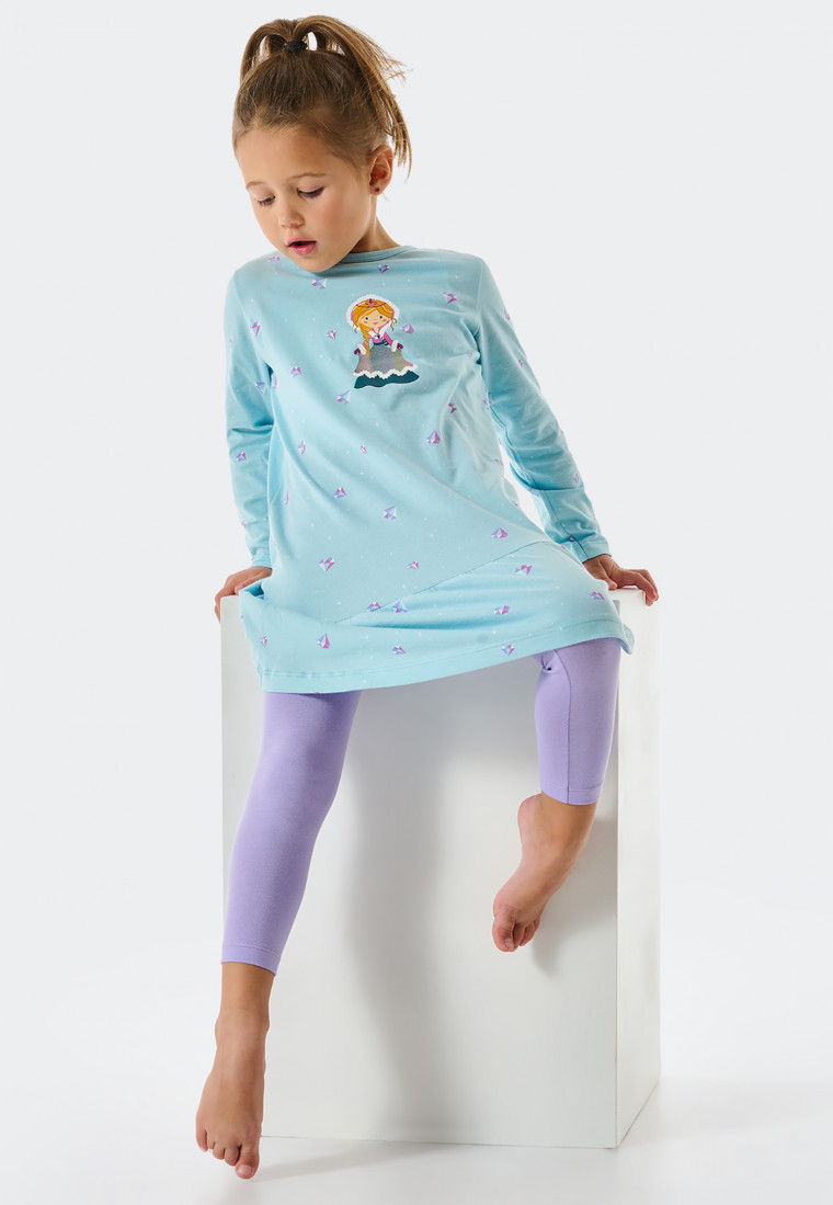 Pigiama lungo in cotone biologico con balze, leggings, motivo di principessa dei ghiacci e pietre preziose, blu acqua - Girls World