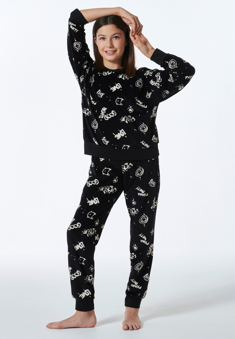 Pigiama lungo in velluto graffiti nero - Nightwear