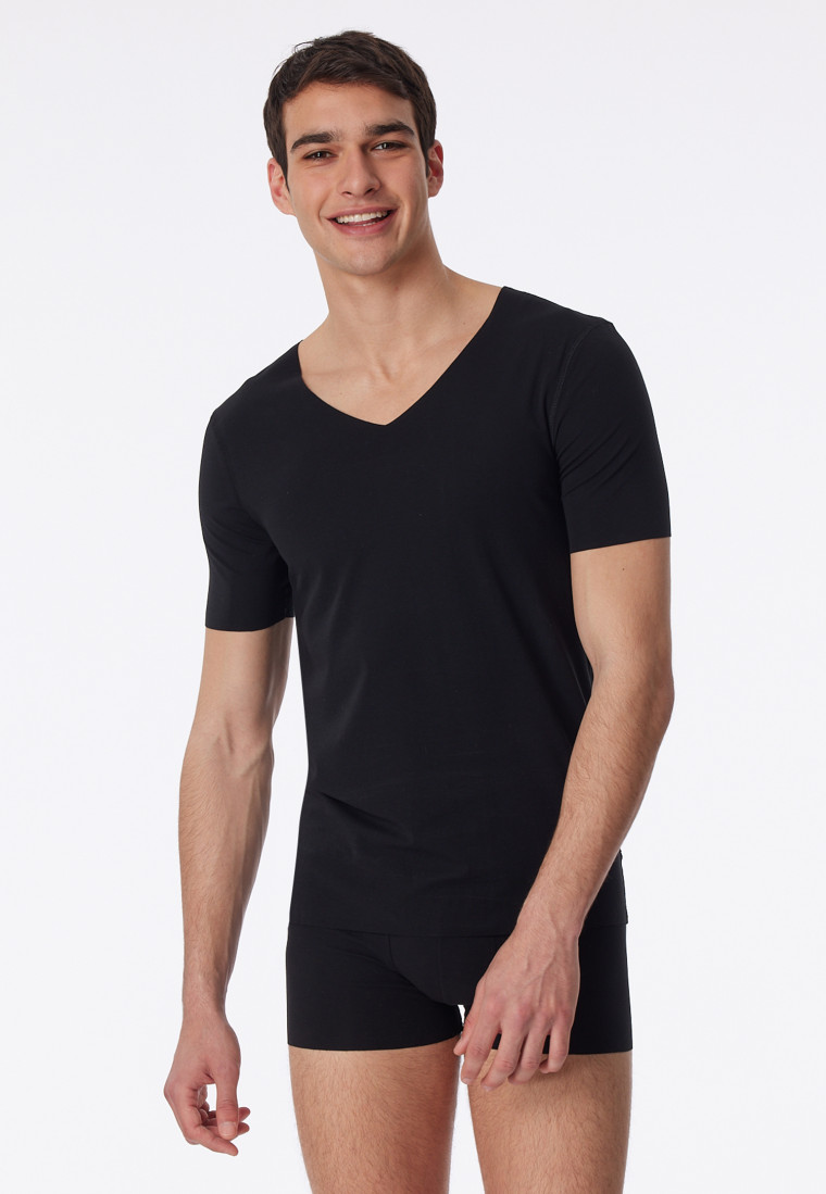 Shirt interlock seamless short-sleeved V-neck black Laser Cut