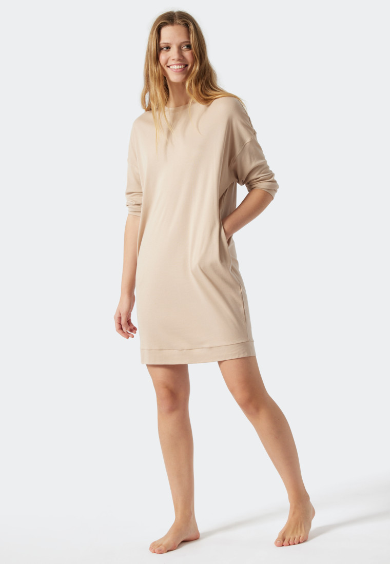 Chemise de nuit manches longues modal oversize bords-côtes sable - Modern Nightwear