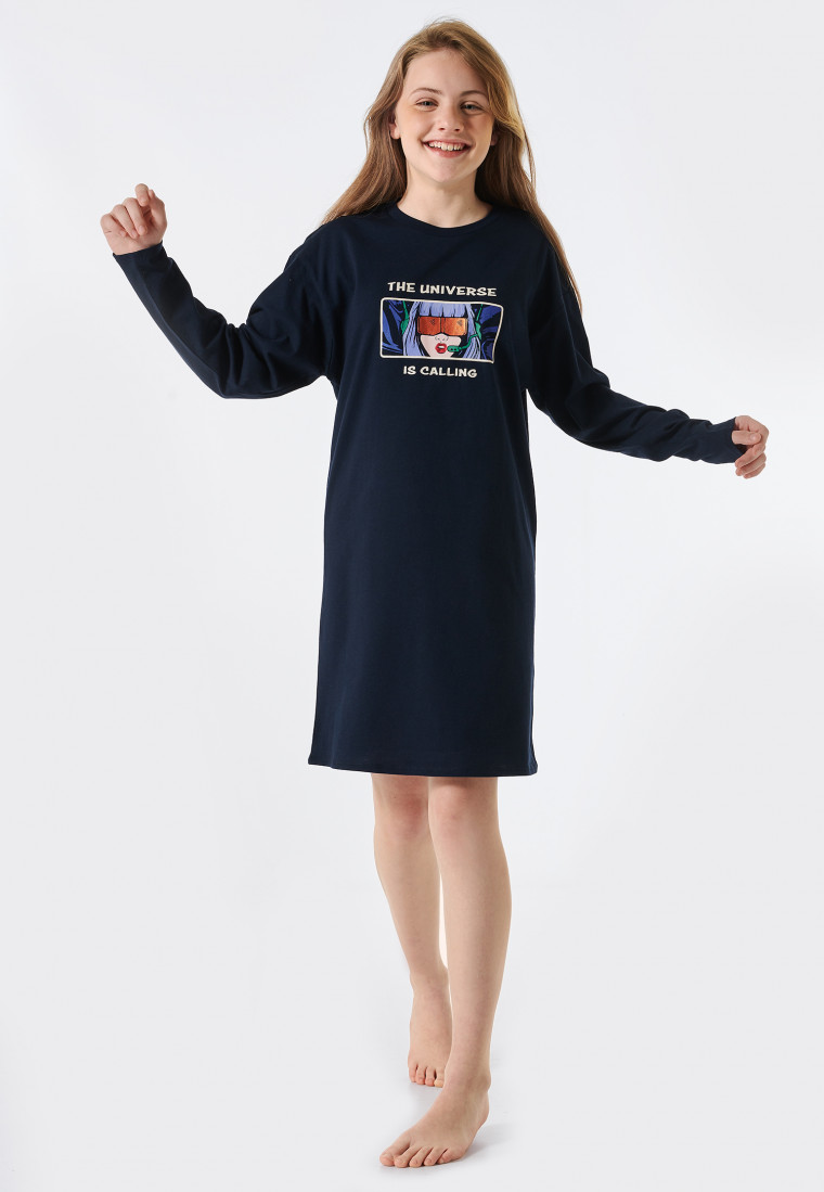 Maglia del pigiama a maniche lunghe in cotone biologico con scritta Universe, blu notte - Teens Nightwear