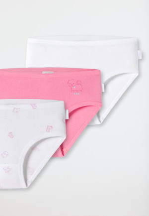 Confezione da 3 slip hipster, a coste fini, cotone biologico, bianco/rosa, con cagnolini