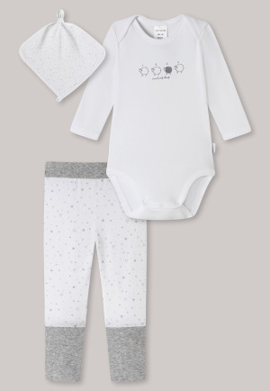 Baby set composto da 3 elementi: body in cotone organico a coste sottili, pantaloni Vario e copertina per dormire di colore bianco/grigio chiaro - Original Classics
