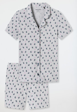 Pyjama court en coton bio avec patte de boutonnage cactus gris chiné - Pyjama Story