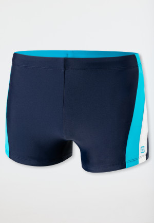 Pantaloncini da bagno retrò in tessuto a maglia riciclato con fattore di protezione solare 40+ e motivo a blocchi di colore blu scuro - Nautical