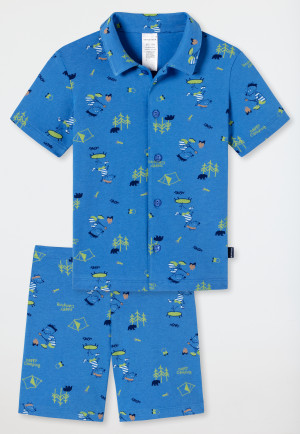 Pyjama court, patte de boutonnage, coton bio, rat camping, bleu - Rat Henry