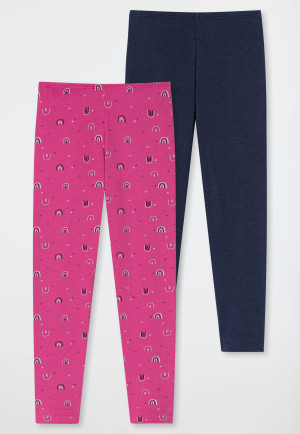 Confezione da 2 leggings in cotone biologico con morbido elastico in vita e motivo con arcobaleno, rosa/blu scuro - Girls World