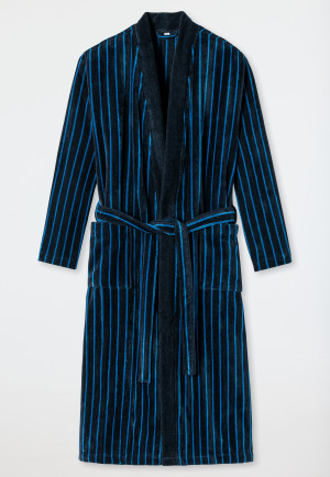 Bathrobe soft velour dark blue striped - Essentials
