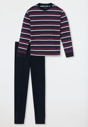 Pajamas long organic cotton stripes cuffs aubergine - Teens Nightwear