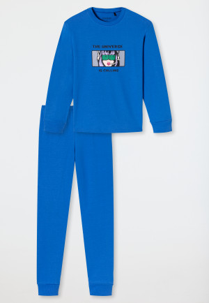 Schlafanzug lang Sweatware Organic Cotton Bündchen Universe blau - Teens Nightwear