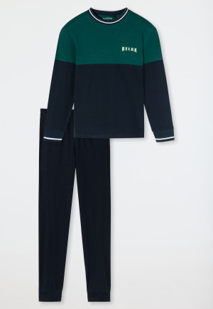 Schlafanzug lang Organic Cotton Bündchen Streifen Relax dunkelgrün - Teens Nightwear