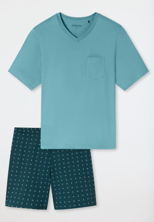 Short pyjamas V-neck chest pocket mint patterned - Comfort Essentials