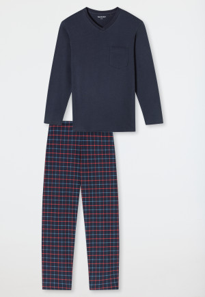 Pyjama long encolure en V poche poitrine bleu marine imprimé - Comfort Essentials
