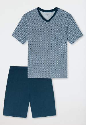 Pigiama corto in cotone organico scollatura a V tasca sul petto motivo a quadretti - Comfort Nightwear